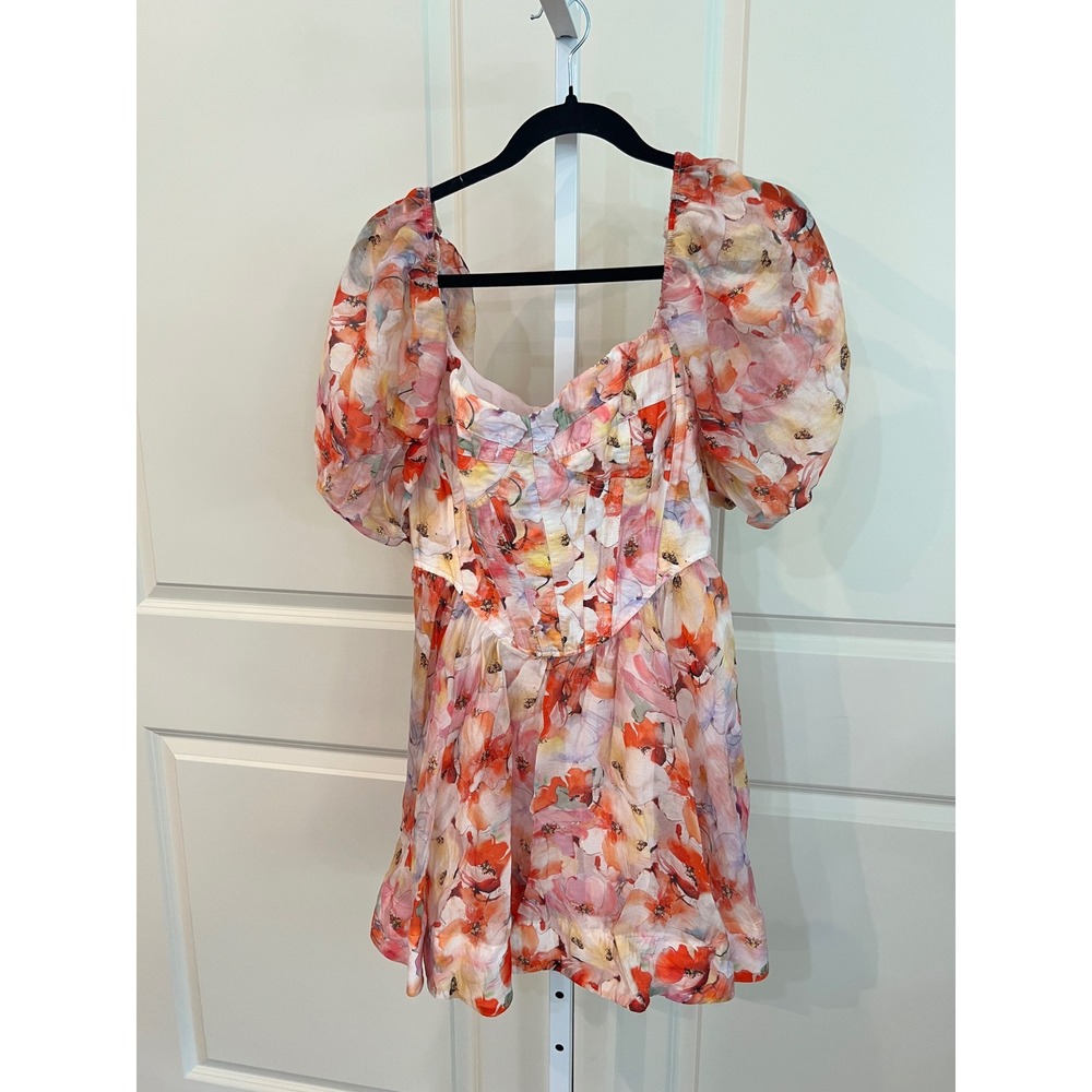 Anthropologie Bardot Floral Corset Mini Dress Pink Orange Puff Sleeve US 8